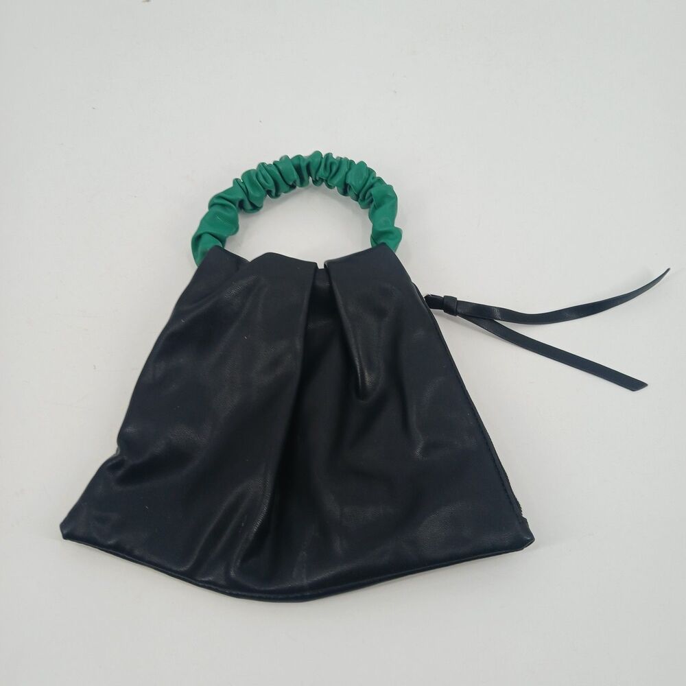Black faux leather Mini Evening Pouch Bag with Zipper and Green Handle